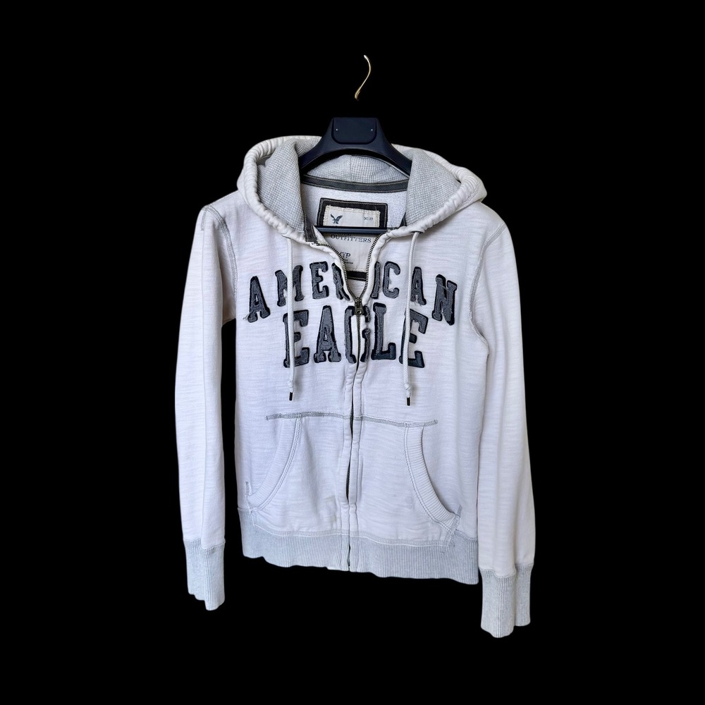American Eagle Womens XS Zip Up Hoodie Cream Gray Logo Waffle Hood 77 Distressed